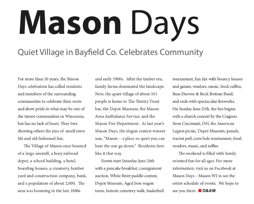 Mason, WI - Mason Days from Out & About Magazine